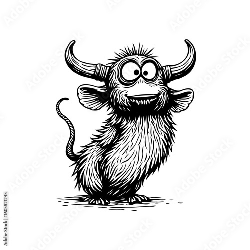 Whimsical cartoon monster with horns and furry body creates a fun playful design illustration character isolated