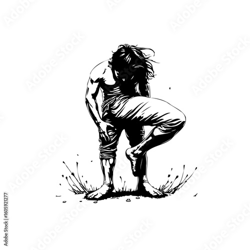 Intense monochromatic artwork depicting a distressed figure grappling with emotional turmoil and internal struggle, pain