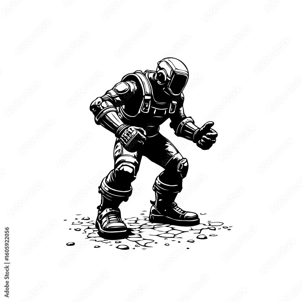 Futuristic soldier in armor vector illustration standing on textured ground combat ready posture isolated on white background Futuristic soldier in armor vector illustration standing on textured ground combat ready posture isolated on white background
