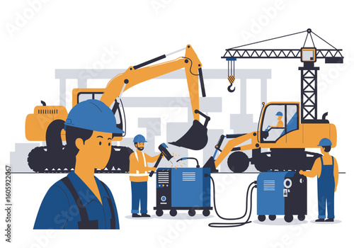 Construction scene workers excavators welding machines and a crane on a construction site