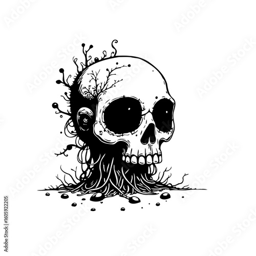 Monochrome skull with roots and growth emerging evoking death decay rebirth and macabre beauty artwork