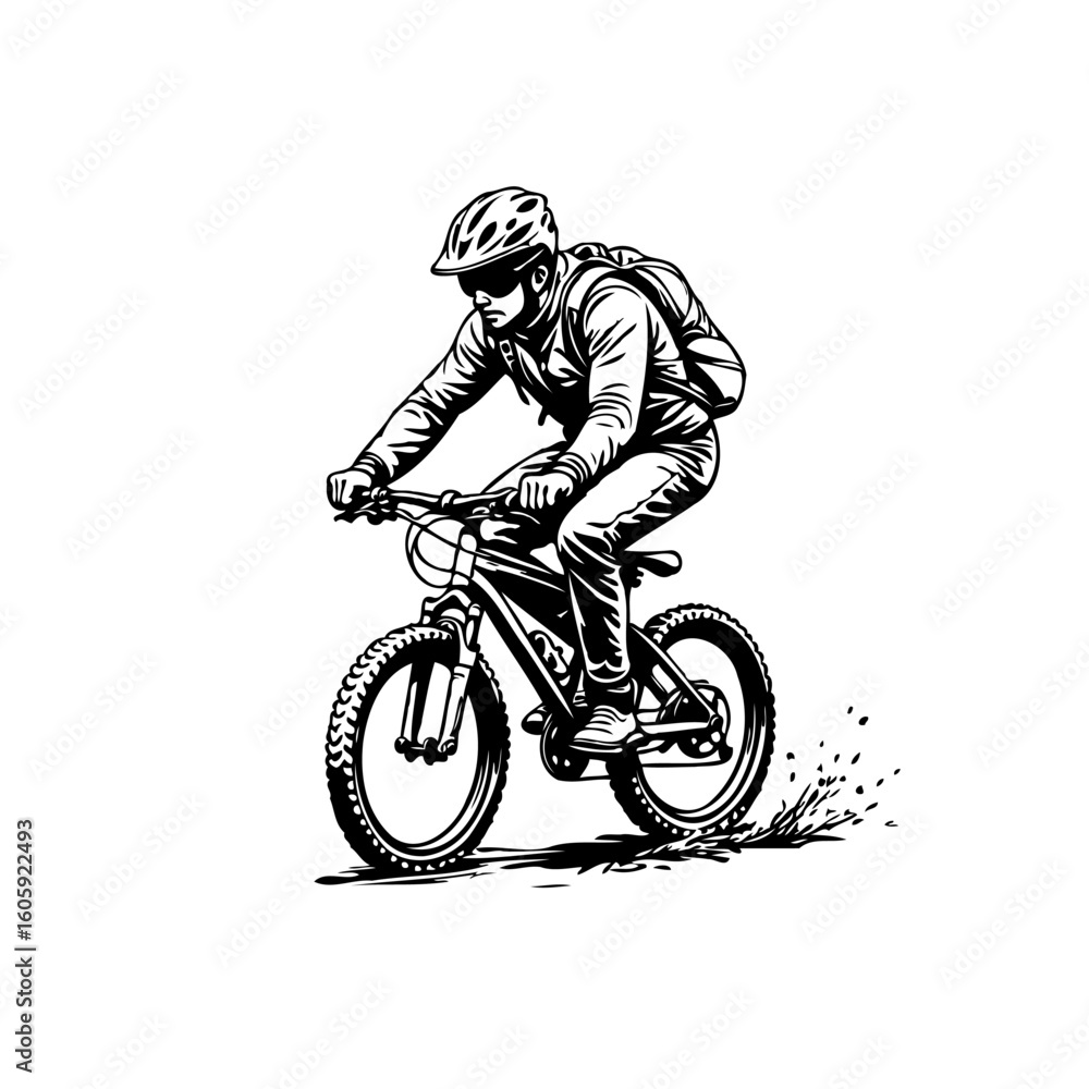 Obraz premium Cyclist adventure artwork showcasing a mountain biker riding on an outdoor adventure with nature, and helmet