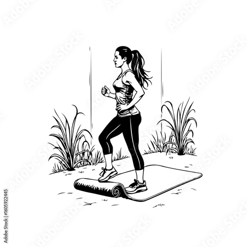 Illustrative workout scene featuring a woman performing high knees exercise outdoors on a yoga mat workout