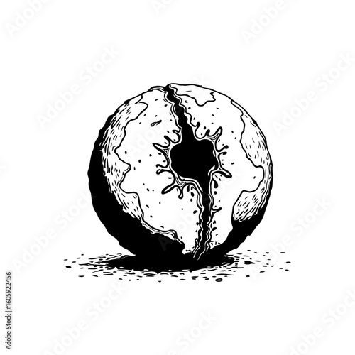 Distressed earth concept illustration depicting a cracked globe with leaking core symbolizes environmental damage
