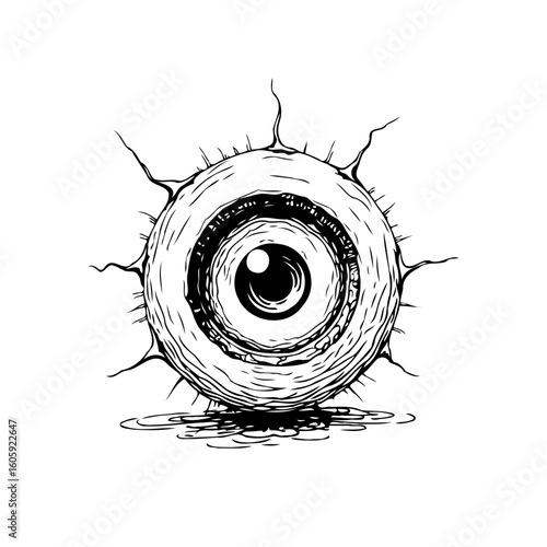 Monochrome sketch illustration of a single eye ball with spiky eyelashes on white background