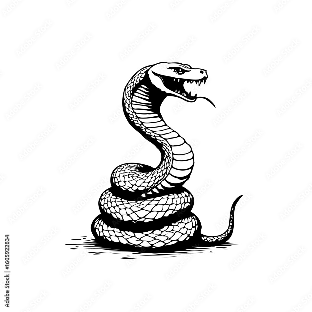 Fototapeta premium Aggressive cobra snake illustration coiled and striking with sharp fangs poised to attack danger drawing