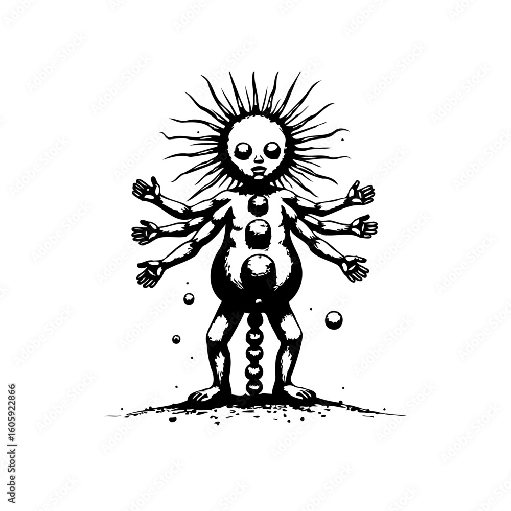 Obraz premium Unusual enigmatic character illustration with multiple arms, dark mysterious artwork, spiritual fantasy creature with balls