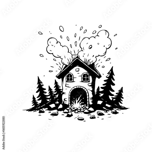 Illustration of burning house surrounded by trees and smoke representing disaster and destruction and problems