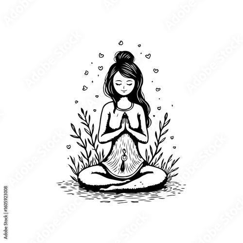 Zen meditation illustration: a woman in lotus position surrounded by nature and love hearts in monochrome