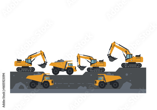 Excavators and dump trucks work on a dark gray elevated surface