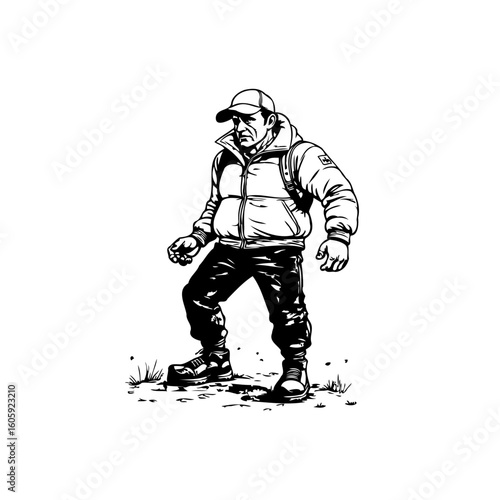 Illustration depicting an adventurer or traveler wearing a cap standing with determination in black and white
