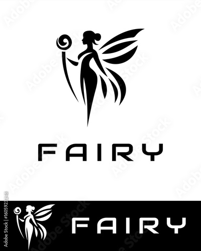 Elegant silhouette of a fairy holding a magic staff with abstract wings in flat and minimalist style 