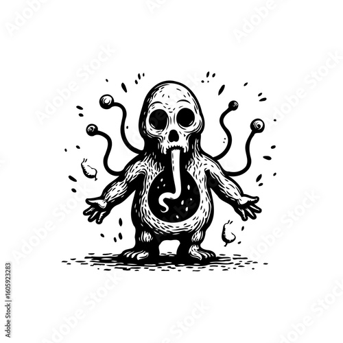 Whimsical illustration of a strange creature with tentacles, eyes and an open mouth on white