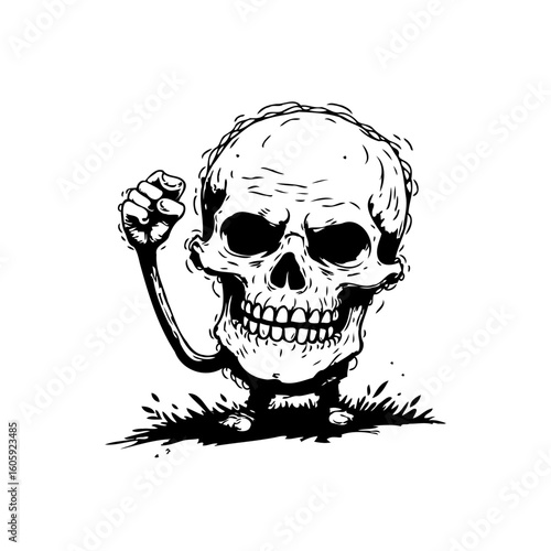 Cartoon skull raising fist in defiant gesture against injustice standing tall and showing resistance and struggle