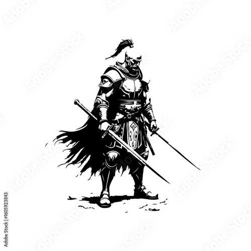 Intricate monochrome illustration depicting a formidable knight in detailed armor wielding two swords with great strength