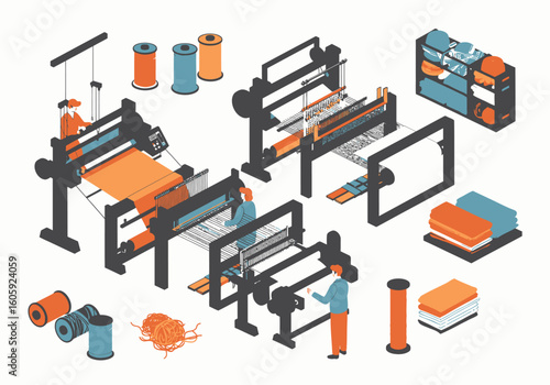 Factory depiction loom machines textiles workers  fabric in orange blue  gray