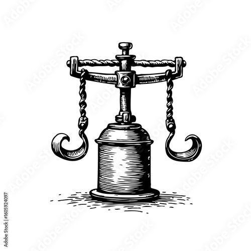 Vintage-style illustration of a screw press used for extracting oil or wine highlighting historical machinery