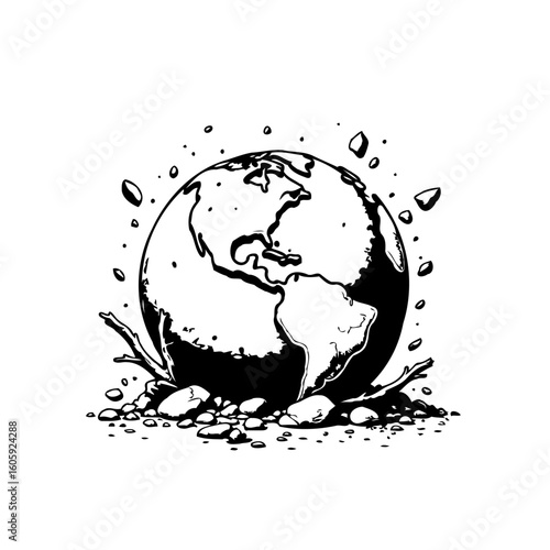 Black and white illustration showcasing the planet Earth with environmental decay and vulnerability with barren landscape