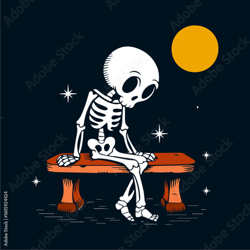 A melancholic skeleton sits alone on a park bench under a large yellow moon, stars twinkling in the night sky.