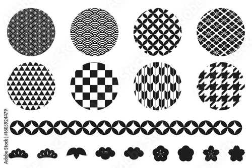 日本の伝統文様と和風のあしらいのイラストセット　和柄　Japanese traditional pattern