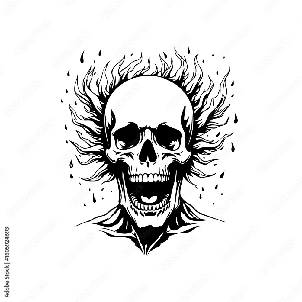 Fototapeta premium Intense skull artwork featuring flames conveying mortality, the drawing symbolizes darkness and the temporary existence of human beings on earth