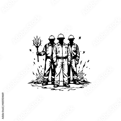 Three workers in uniform stand together, one holding a trident amidst industrial sparks and energy