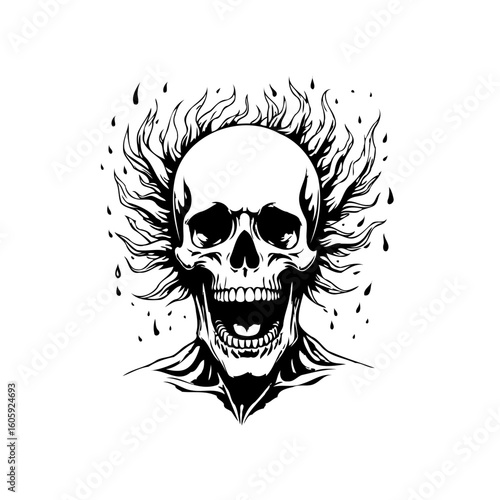 Intense skull artwork featuring flames conveying mortality, the drawing symbolizes darkness and the temporary existence of human beings on earth