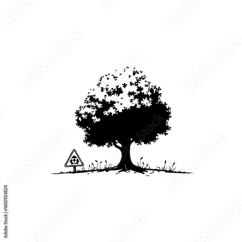 Symbolic tree illustration with a biohazard warning reflecting environmental concerns and the fragility of nature's ecosystem
