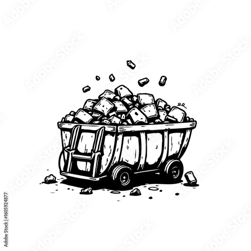 Monochrome illustration of a mine cart brimming with rocks and debris offering stark visual representation