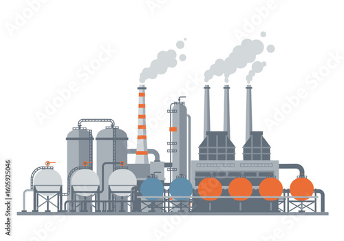 Flat illustration of a factory with tanks pipes and smokestacks emitting smoke