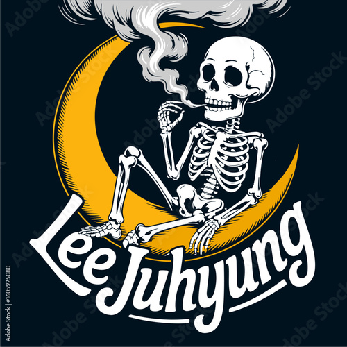 A whimsical skeleton, smoking, sits serenely on a crescent moon, against a dark background.  The artist's signature is prominently displayed.