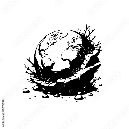 Stylized globe encircled by stairs evoking ecological concerns of world's sustainability artistic concept illustration