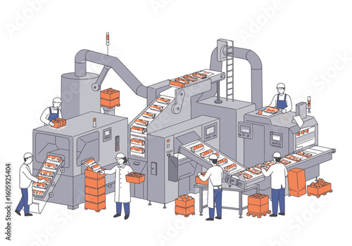 Food processing line with workers handling packaged goods in an industrial setting