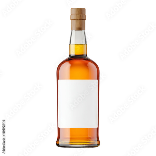 Clear Bottle of Whiskey with Blank Label on White Background