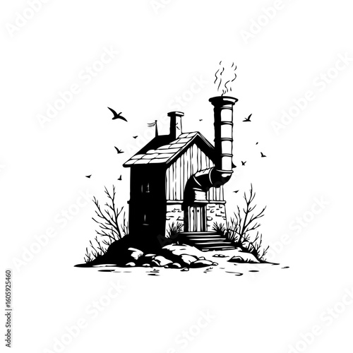 Rustic cabin with industrial chimney illustration showcasing simplicity and environmental themes creating a thought provoking visual