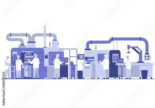 Illustrated factory scene with workers machines and pipe systems in shades of blue