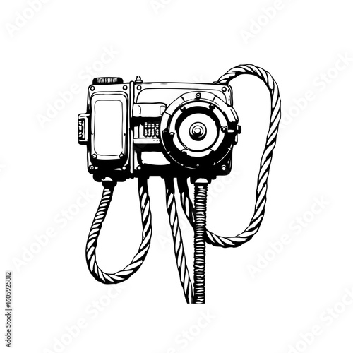 Steampunk industrial vintage machine black and white illustration showcasing intricate details and unique artistic expression reminiscent of retro technology