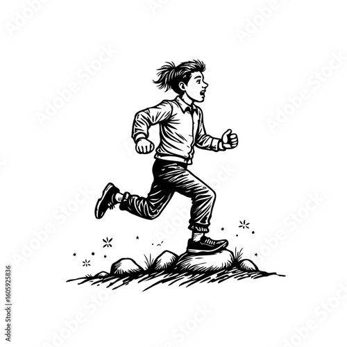 Dynamic sketch illustration of a young boy with a ponytail running with purpose outdoors adventure time