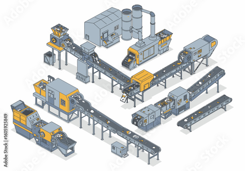 Illustrated recycling plant machinery with conveyors hoppers and processing units rendered in isometric view