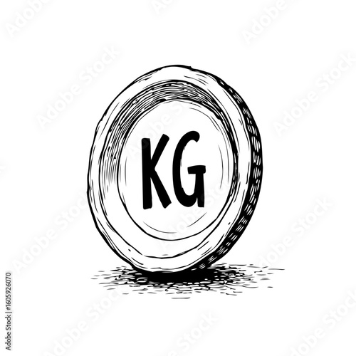 Hand drawn kilogram coin illustration, weight measurement unit sketch symbol with KG inscription illustration
