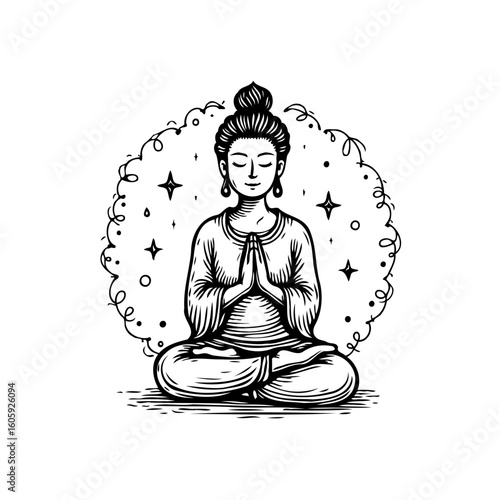 Illustrative depiction of a meditating woman in a serene lotus position surrounded by auras and stars peaceful