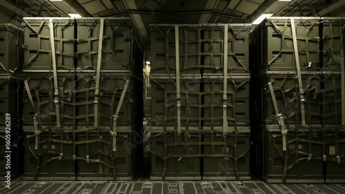 Internal view of military cargo plane with secured pallets, cinematic atmosphere showcasing logistics and transport within the aviation sector,