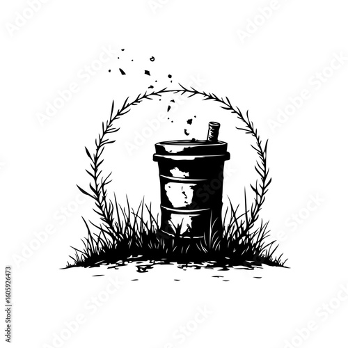 Eerie solitude trash can illustration depicts environmental issues and a stark contrast against a natural backdrop conveys profound symbolism