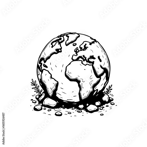 Drawing of the planet earth on top of some rocks and leaves illustrating global sustainability concerns