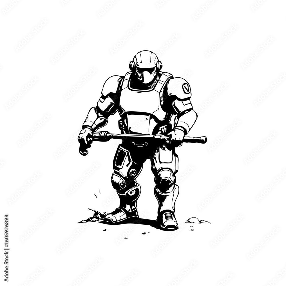 Fototapeta premium Futuristic space trooper ready for battle with weapon in hand ink drawing illustration sketch