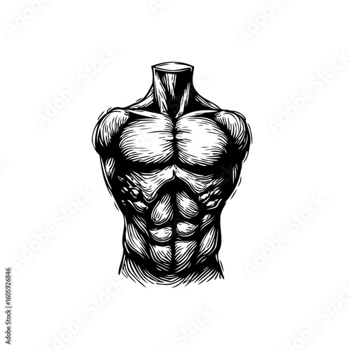Detailed muscular torso illustration showcasing strength and physique for fitness design projects and editorial use cases
