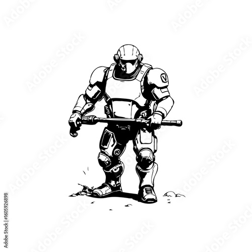 Futuristic space trooper ready for battle with weapon in hand ink drawing illustration sketch