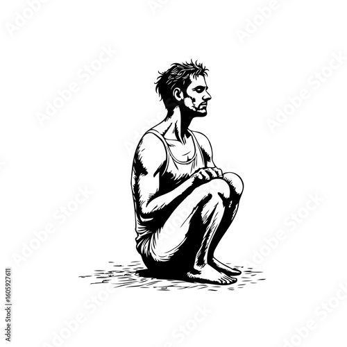 A black and white drawing showcases a contemplative man with a gaunt physique sitting squatting position pose
