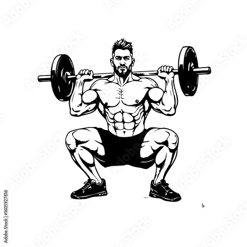 Powerful vector illustration of a muscular man performing a barbell squat exercise demonstration strong intense and athletic