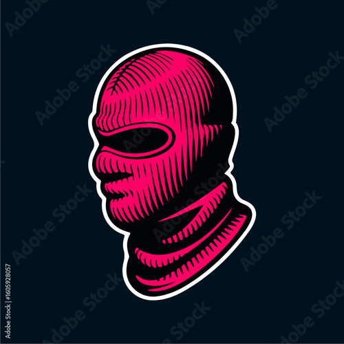 A stylized illustration of a pink balaclava against a dark blue background.